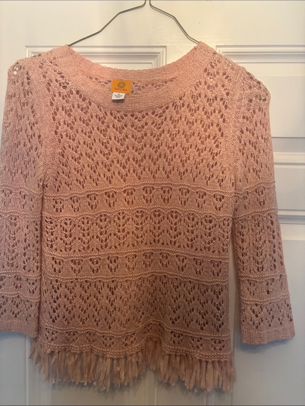 Women’s Pink Open-Knit Fringe Sweater